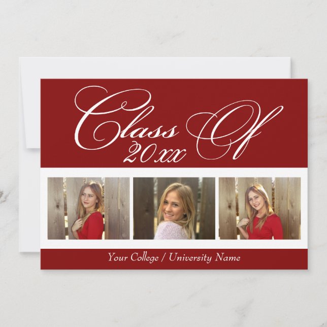 Elegant Dark Red Maroon 3 Photo College Graduation Invitation (Front)