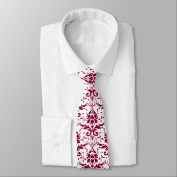 Elegant Dark Red-pink Vintage Damask On White Tie by storechichi at Zazzle