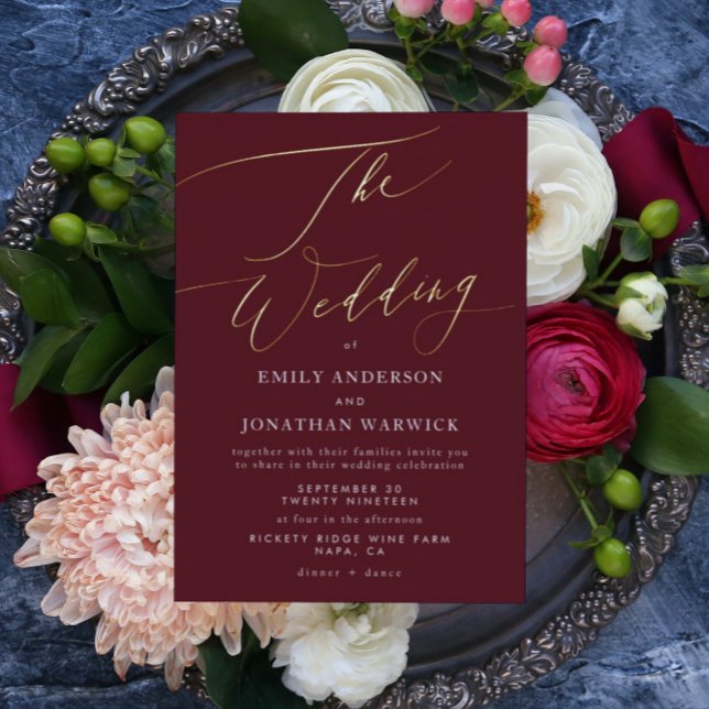 Elegant Dark Red Plum Burgundy Gold The Wedding Foil Invitation (Creator Uploaded)