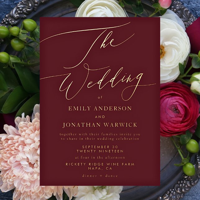 Elegant Dark Red Plum Burgundy Gold The Wedding Foil Invitation (Creator Uploaded)