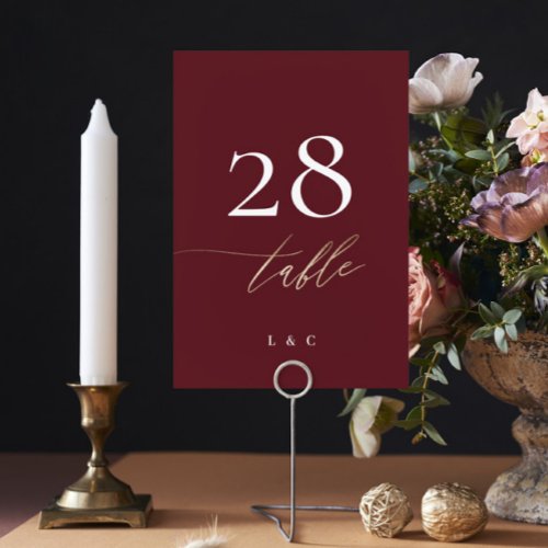 Elegant Dark Red Plum Burgundy Gold The Wedding Table Number