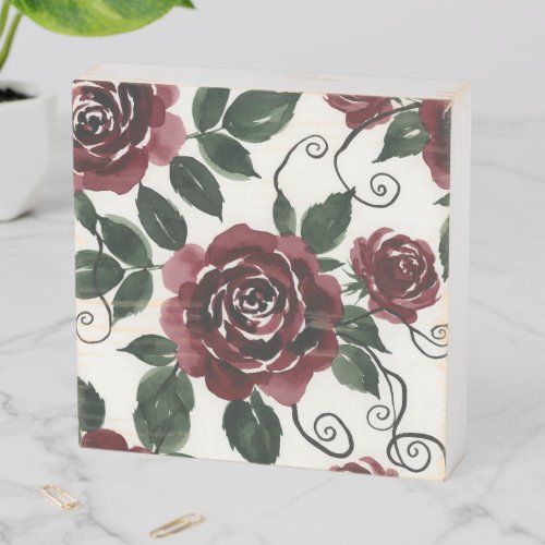 Elegant Dark Red Roses Floral Wood Box Sign