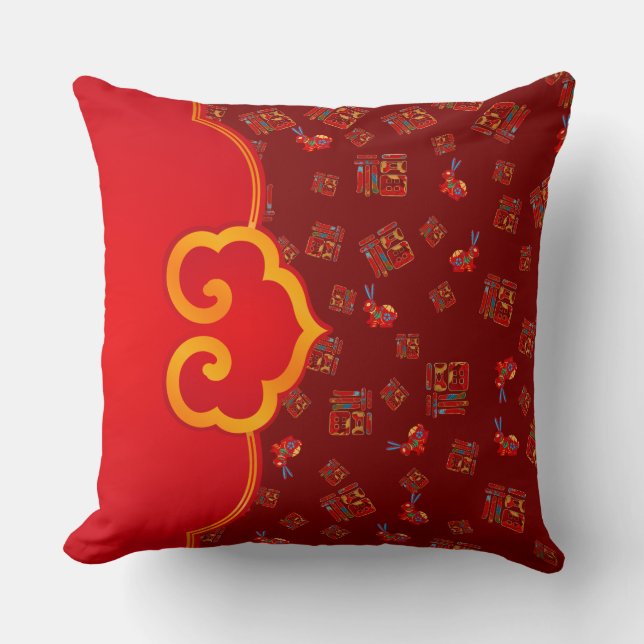Elegant Dark Red Ruyi Lucky Symbol 福 Rabbits CNY  Throw Pillow (Front)
