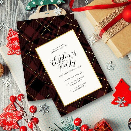 Elegant Dark Red Tartan Plaid Christmas Party Invitation