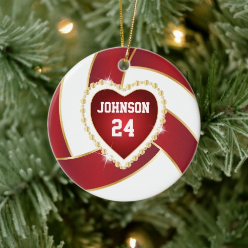 Elegant Dark Red White and Gold Volleyball  Ceramic Ornament