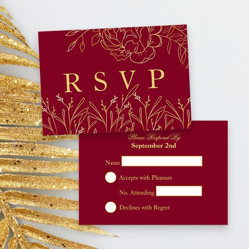 Elegant Dark Red with Gold Sketched Flowers RSVP Card