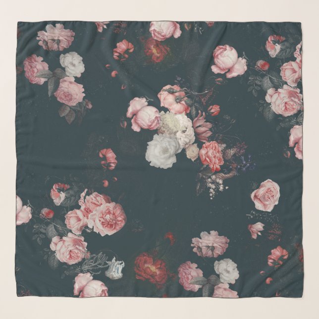 Elegant Dark Rich Chic Dutch Floral Pink Roses  Scarf (Front)