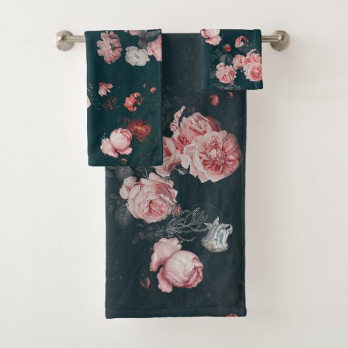 Elegant Dark Rich Dutch Floral Pink Roses  Bath Towel Set