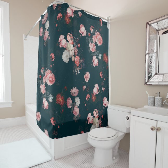 Elegant Dark Rich Dutch Floral Pink Roses Shower Curtain (In Situ)