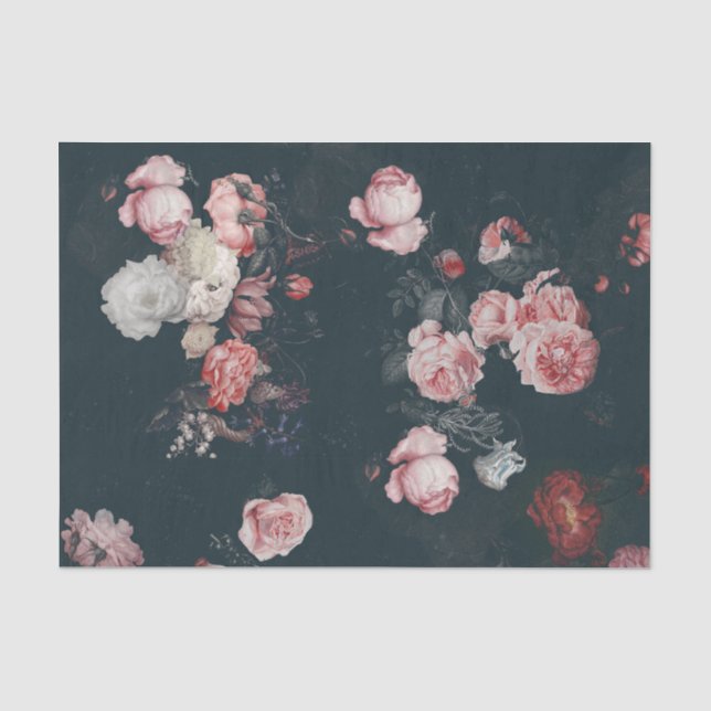 Elegant Dark Rich Dutch Floral Pink Roses  Tissue Paper (Front)