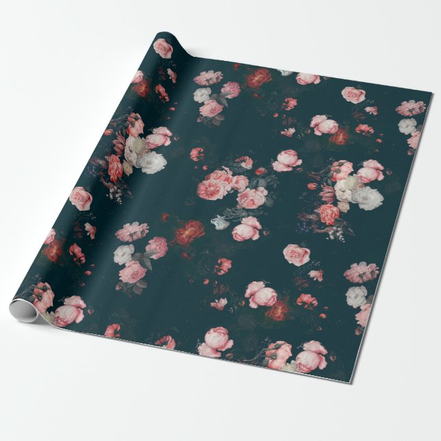 Elegant Dark Rich Dutch Floral Pink Roses Wrapping Paper (Unrolled)