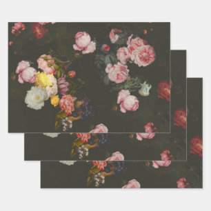 Elegant Dark Rich Dutch Floral Pink Roses Wrapping Paper Sheets