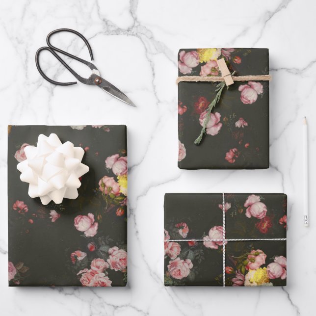 Elegant Dark Rich Dutch Floral Pink Roses Wrapping Paper Sheets (Front)