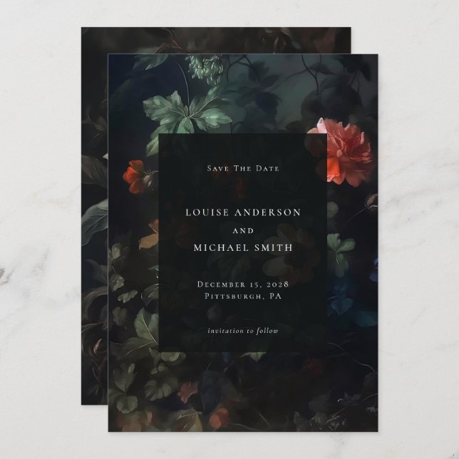 Elegant Dark Romantic Moody Floral Wedding Save The Date (Front/Back)