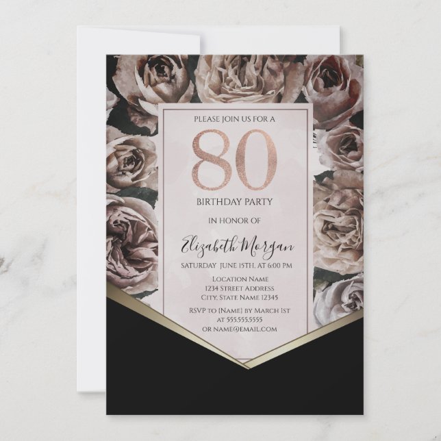 Elegant Dark Roses 80th Birthday Invitation (Front)