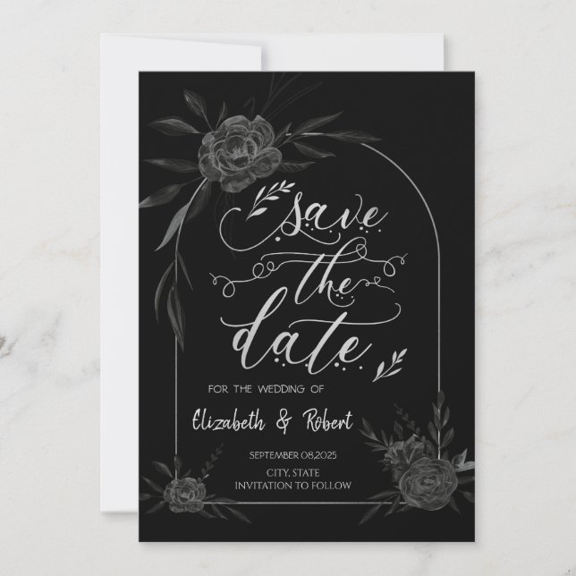 Elegant Dark Roses Black Gothic Save The Date (Front)