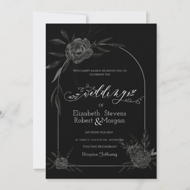 Elegant Dark Roses Black Wedding  Invitation (Front)