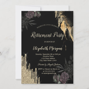 Elegant Dark Roses Glitter Drips Retirement Invitation