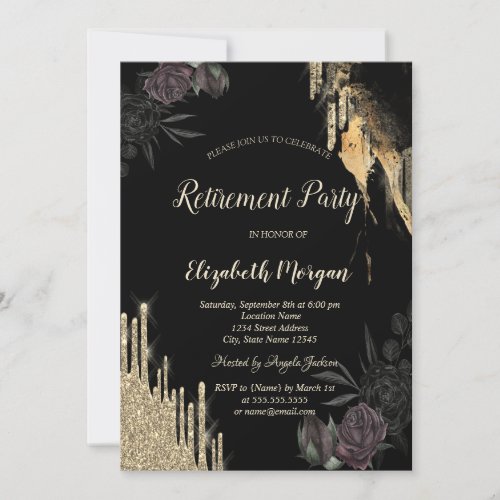 Elegant Dark Roses Glitter Drips Retirement  Invitation