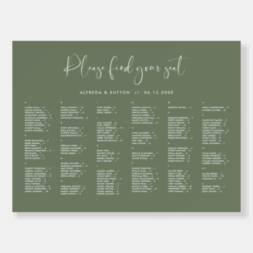 Elegant Dark Sage Green Alphabetical seating chart Foam Board