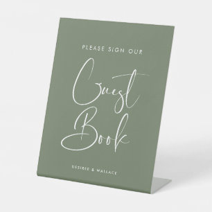 Elegant Dark Sage Green Guestbook Pedestal Sign