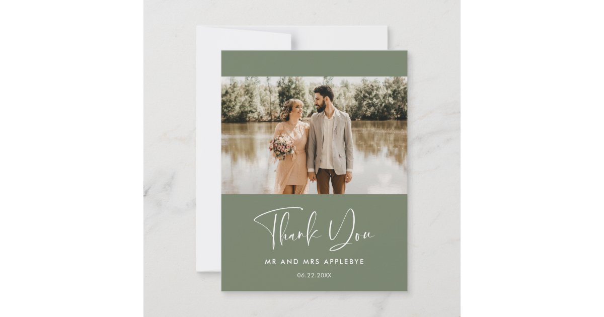 Elegant Dark sage green wedding photo Thank you Card | Zazzle