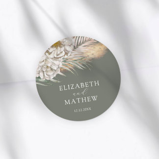 Elegant Dark Sage Pampas Grass Wedding Classic Round Sticker