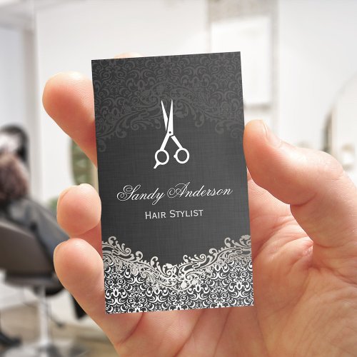 Elegant Dark Silver Damask _ Hair Stylist Business Card
