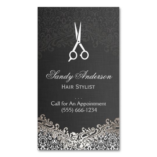Elegant Dark Silver Damask Hair Stylist Business Card Magnet