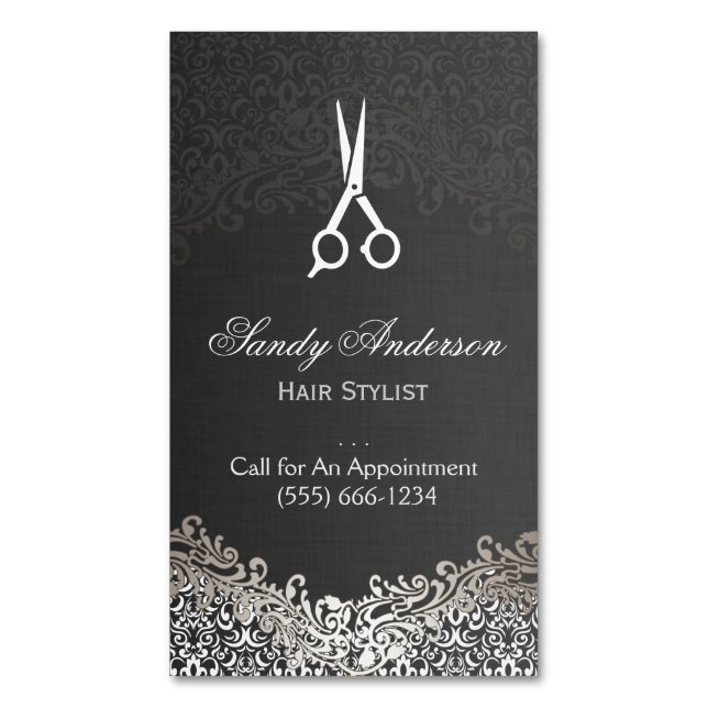 Elegant Dark Silver Damask - Hair Stylist Business Card Magnet (Front Vertical)