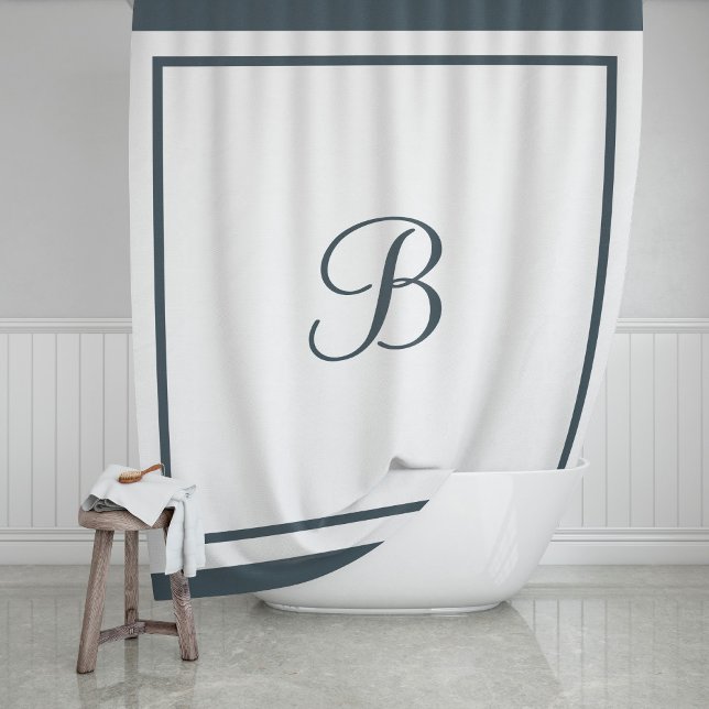 Elegant Dark Slate Border Script Monogram Shower Curtain (Creator Uploaded)