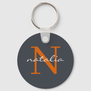 Elegant Dark Slate with Orange Monogrammed Keychain
