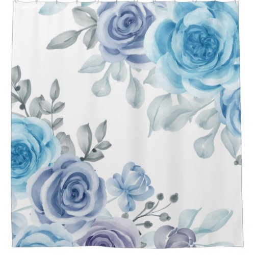 Elegant Dark  Soft Blue Floral Watercolor  Shower Curtain