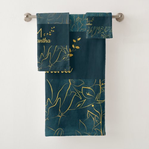 Elegant Dark Teal Blue  Gold Foil Floral Monogram Bath Towel Set