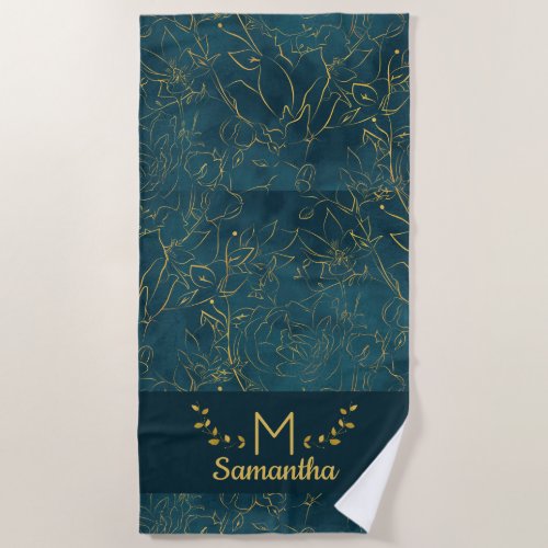 Elegant Dark Teal Blue  Gold Foil Floral Monogram Beach Towel