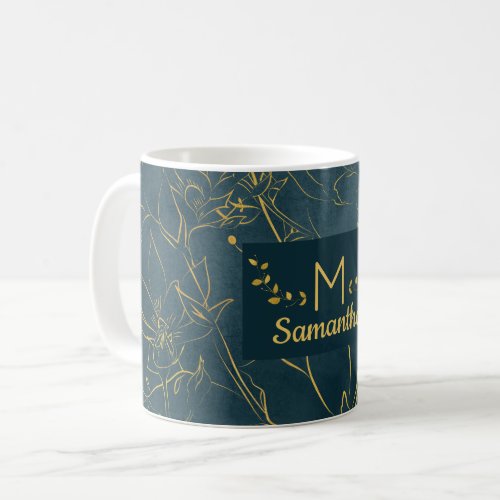 Elegant Dark Teal Blue  Gold Foil Floral Monogram Coffee Mug