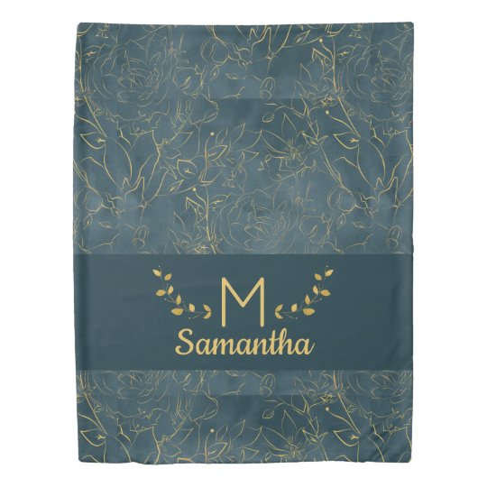 Elegant Dark Teal Blue Gold Foil Floral Monogram Duvet Cover