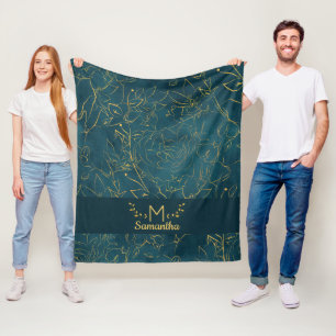 Elegant Dark Teal Blue & Gold Foil Floral Monogram Fleece Blanket