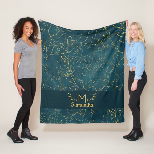 Elegant Dark Teal Blue  Gold Foil Floral Monogram Fleece Blanket