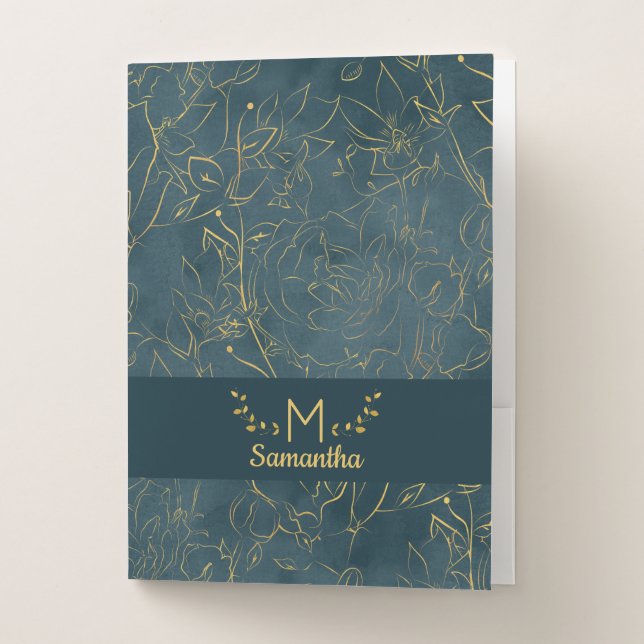 Elegant Dark Teal Blue & Gold Foil Floral Monogram Pocket Folder (Front)