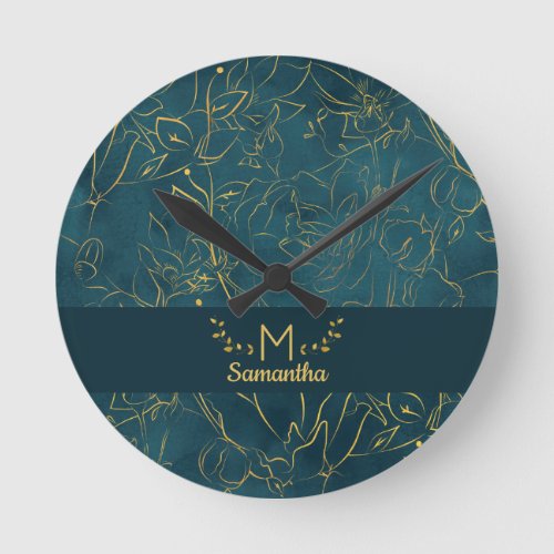 Elegant Dark Teal Blue  Gold Foil Floral Monogram Round Clock