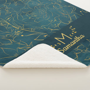 Elegant Dark Teal Blue & Gold Foil Floral Monogram Sherpa Blanket