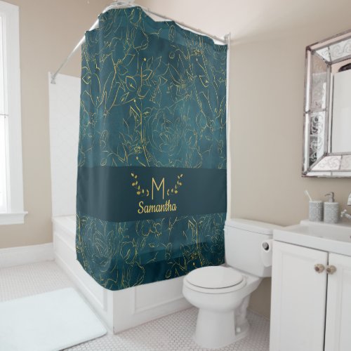 Elegant Dark Teal Blue  Gold Foil Floral Monogram Shower Curtain