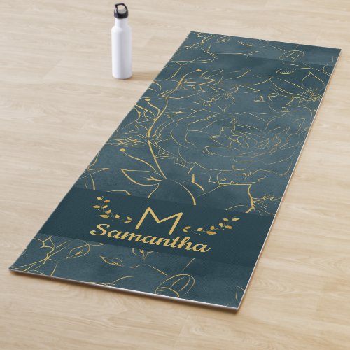 Elegant Dark Teal Blue  Gold Foil Floral Monogram Yoga Mat