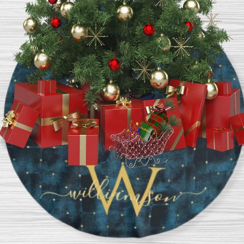 Elegant Dark Teal Blue Gold Monogrammed Velvet Brushed Polyester Tree Skirt