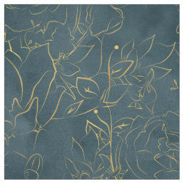 Elegant Dark Teal Blue Watercolor Gold Foil Floral Fabric