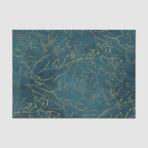 Elegant Dark Teal Blue Watercolor Gold Foil Floral Tissue Paper