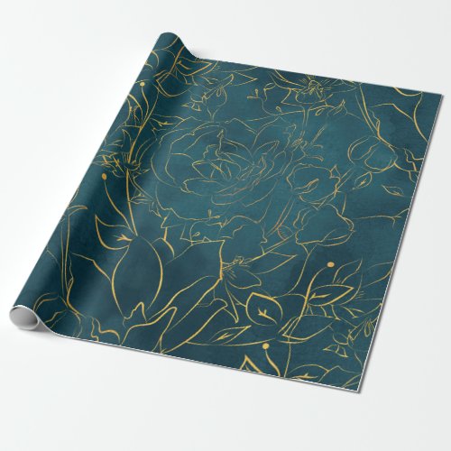 Elegant Dark Teal Blue Watercolor Gold Foil Floral Wrapping Paper