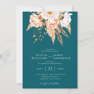 Elegant Dark Teal Boho Chic Fall Floral Wedding Invitation