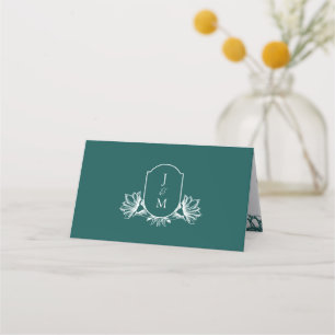 Elegant Dark Teal Botanical Monogram Crest Place Card